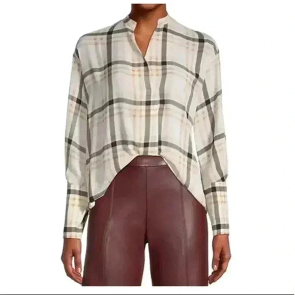 🆕Ann Taylor Whitecap Plaid Button-Cuff V-Neck Top XXS🆕 - Picture 1 of 11